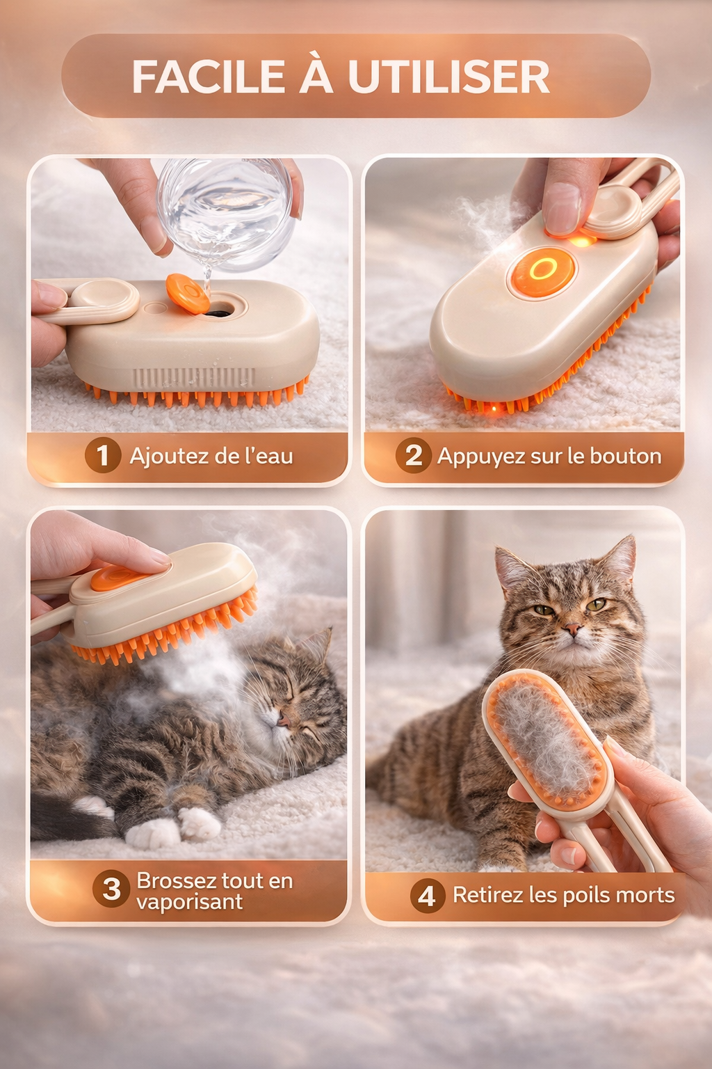 Brosse Vapeur Nettoyante 3-en-1 pour Chats et Animaux – Démêlage & Massage