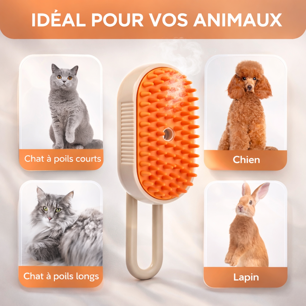 Brosse Vapeur Nettoyante 3-en-1 pour Chats et Animaux – Démêlage & Massage