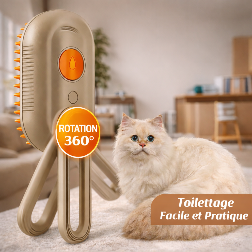 Brosse Vapeur Nettoyante 3-en-1 pour Chats et Animaux – Démêlage & Massage